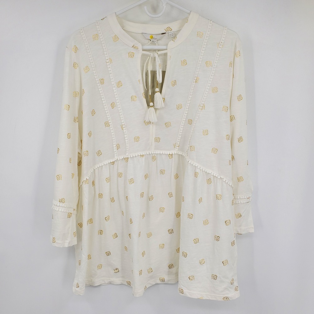 NWT Boden White Gold Metallic Foil Leaf Tassel Tunic Top 18 Peasant Cottage Boho